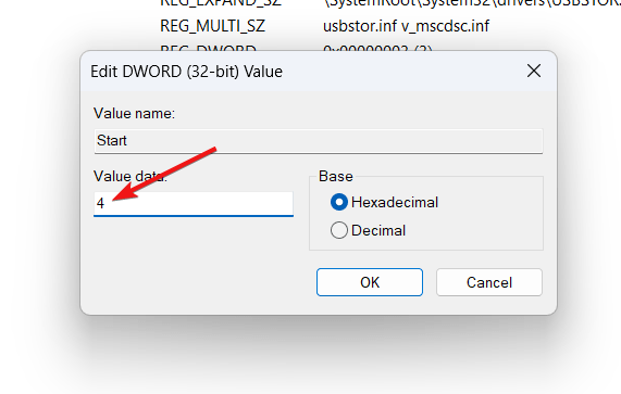 Assign 4 in value data field