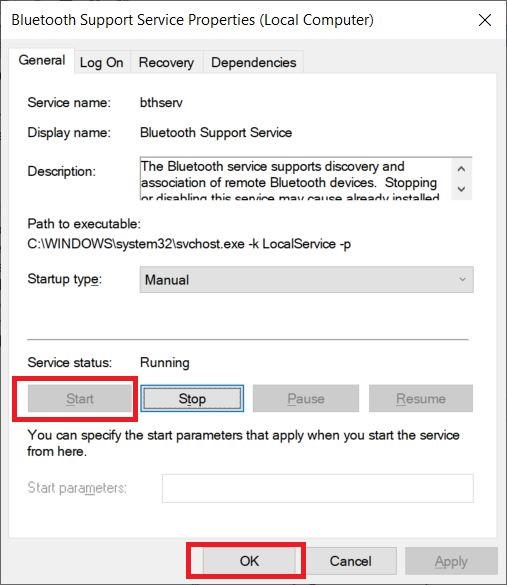 Bluetooth Support Service Properties