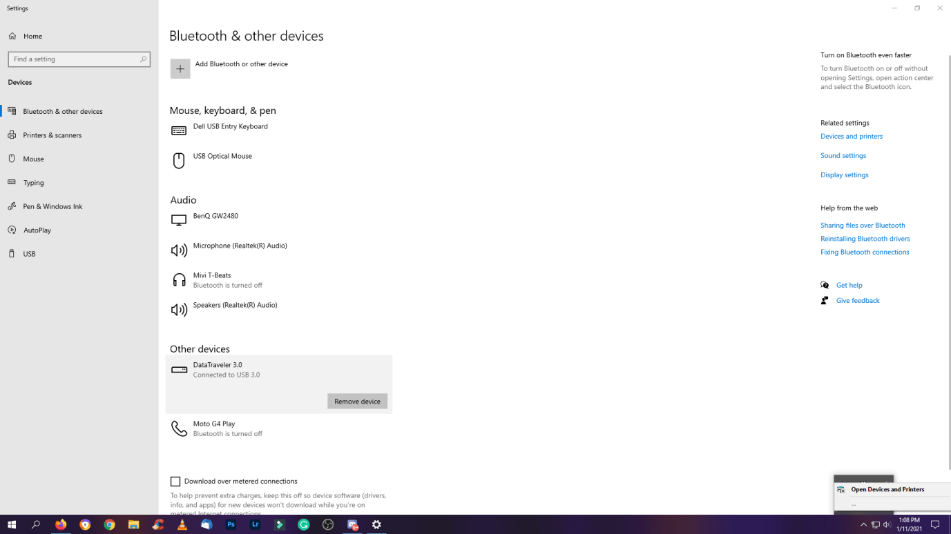 Bluetooth and Other Devices in Windows Setting