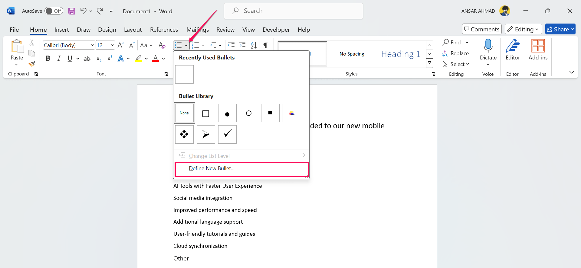 How to Add Checkboxes to Word Document 8 Choose Define New Bullets in the drop-down menu