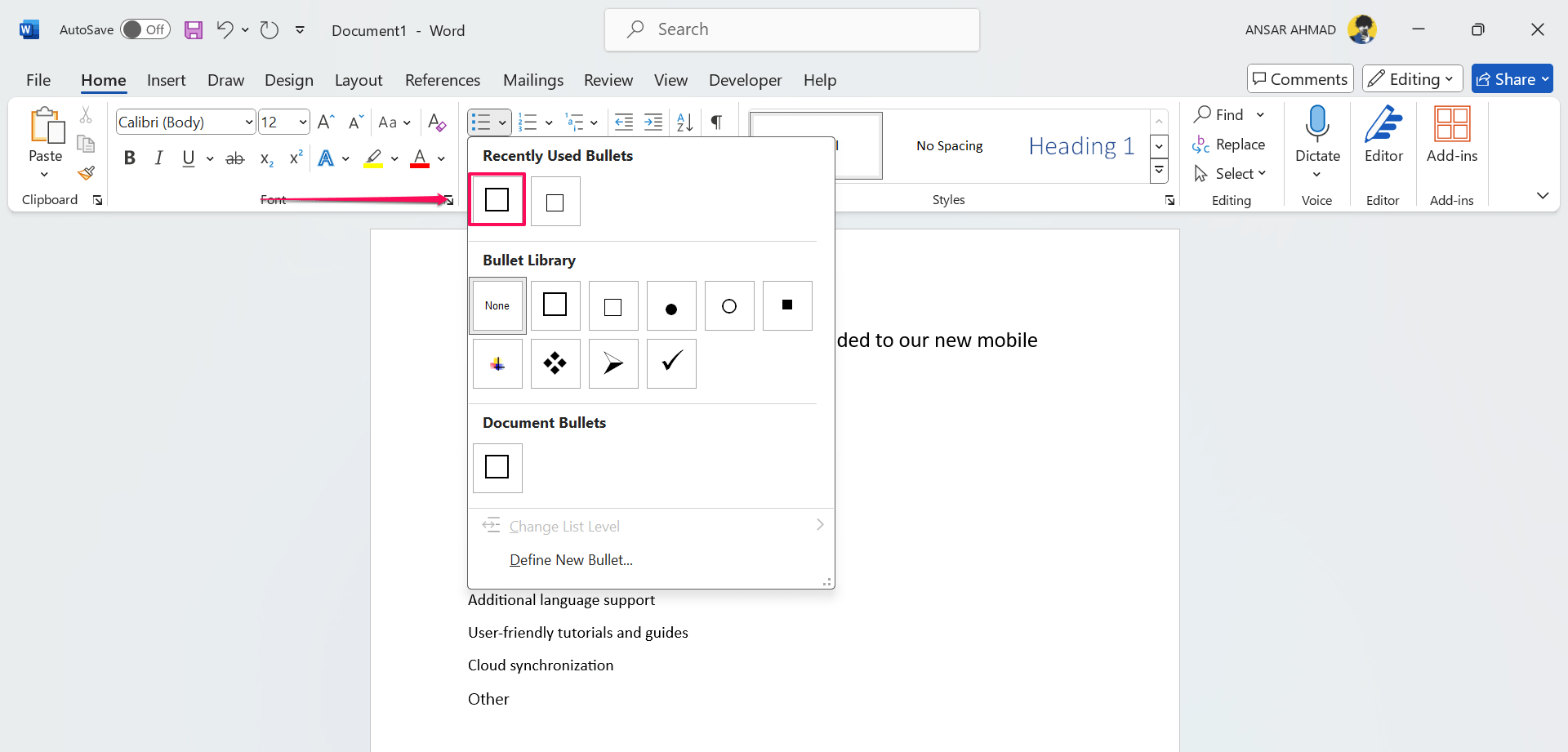 How to Add Checkboxes to Word Document 12 Choose Checkbox from Recently Used Bullets