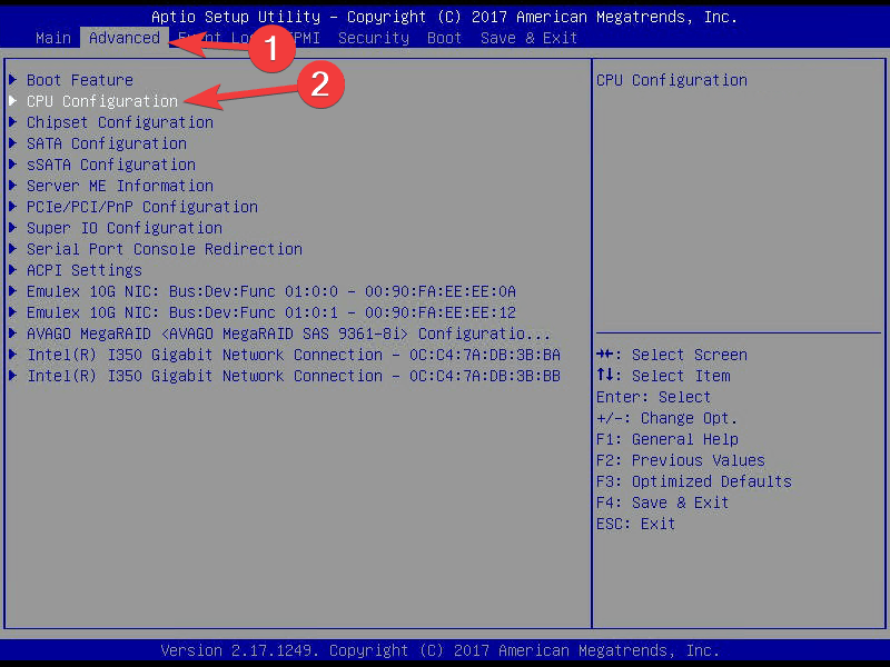 CPU configuration settings
