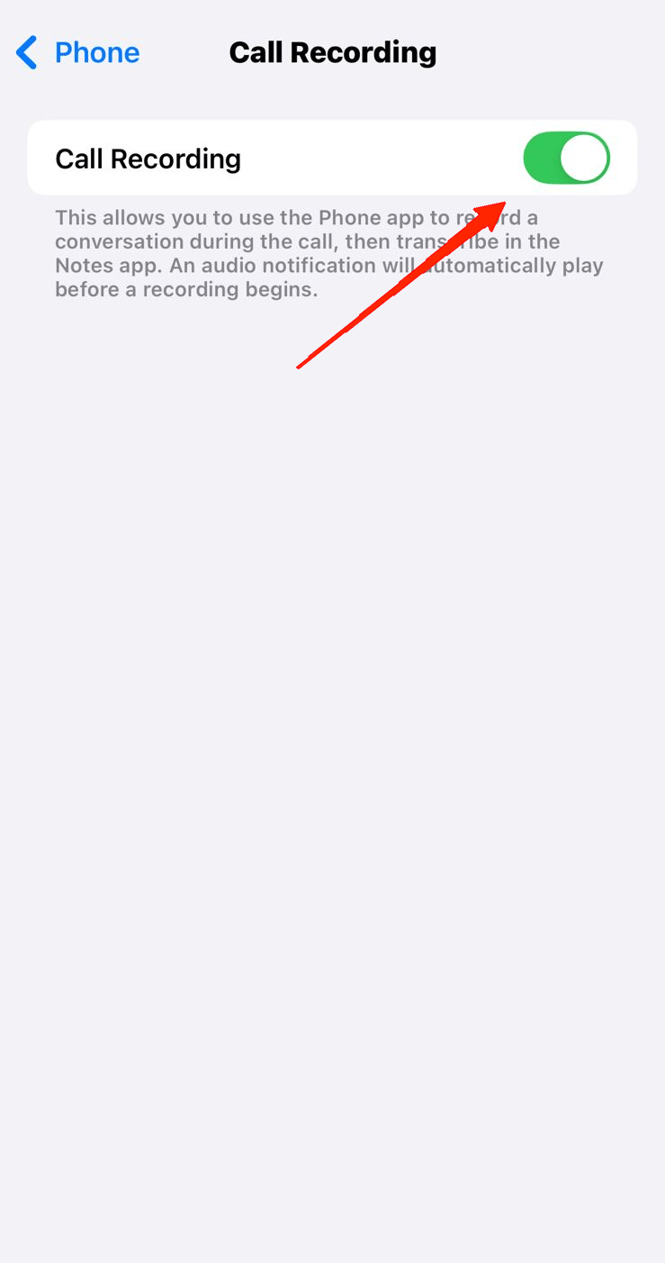 How to Fix iOS 18 Call Recording Not Working on iPhone 5 make sure to turn on the toggle beside the "Call Recording" option.