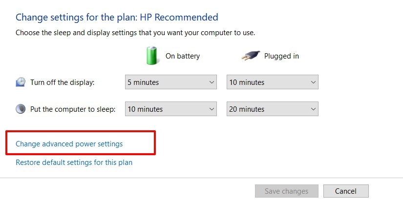 Change Plan Settings followed by Change Advanced Power settings