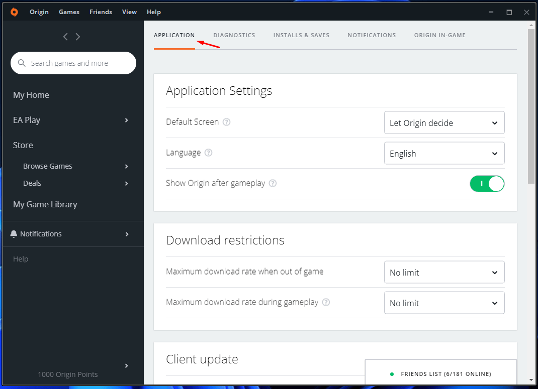 Choose “Application” and then scroll down to find the “Client Update” section.