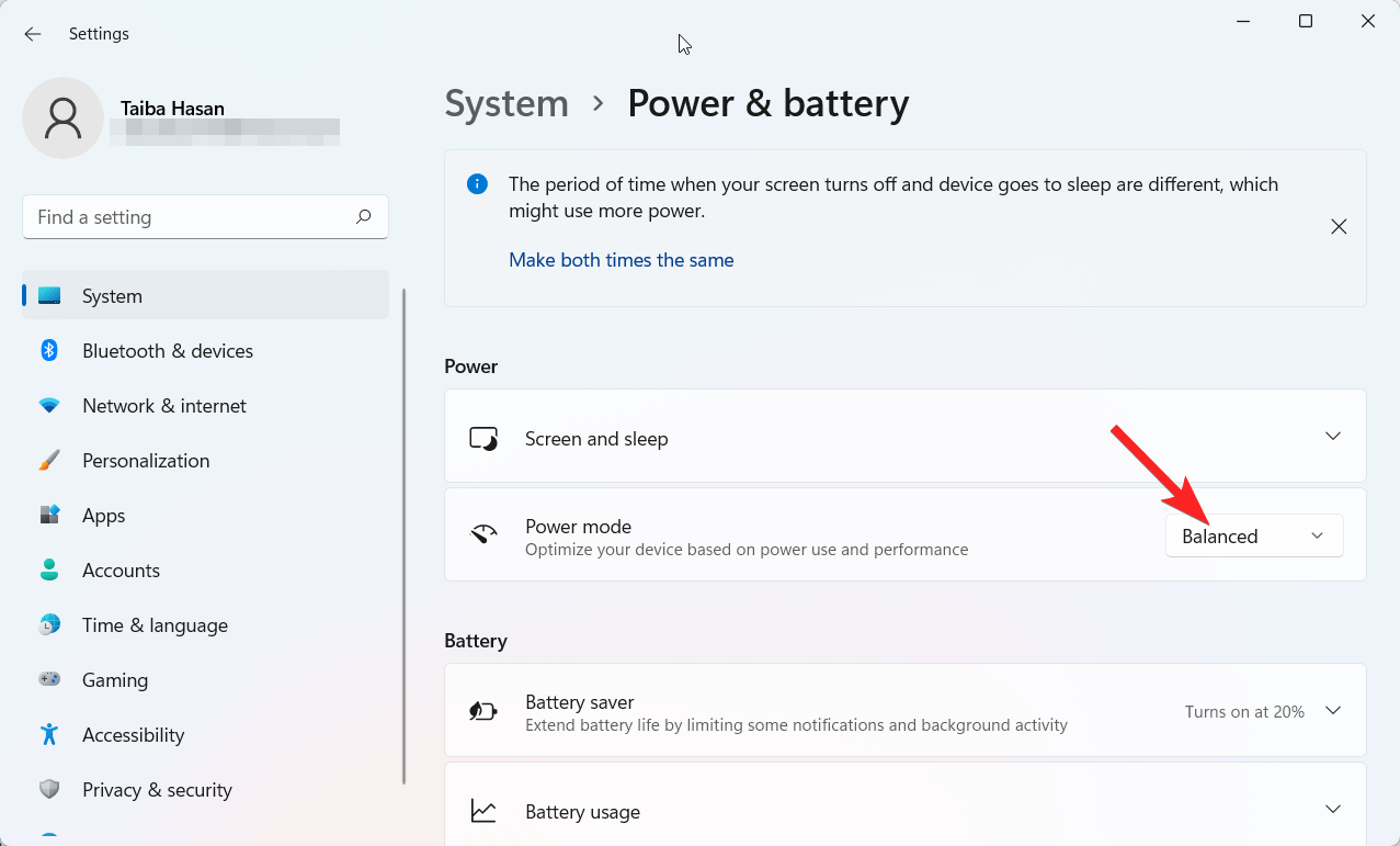 How to Setup and Use Power Throttling in Windows 11? 8 Choose Balanced and Best power efficiency option from the dropdown