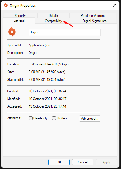 Choose “Compatibility” from the top menu