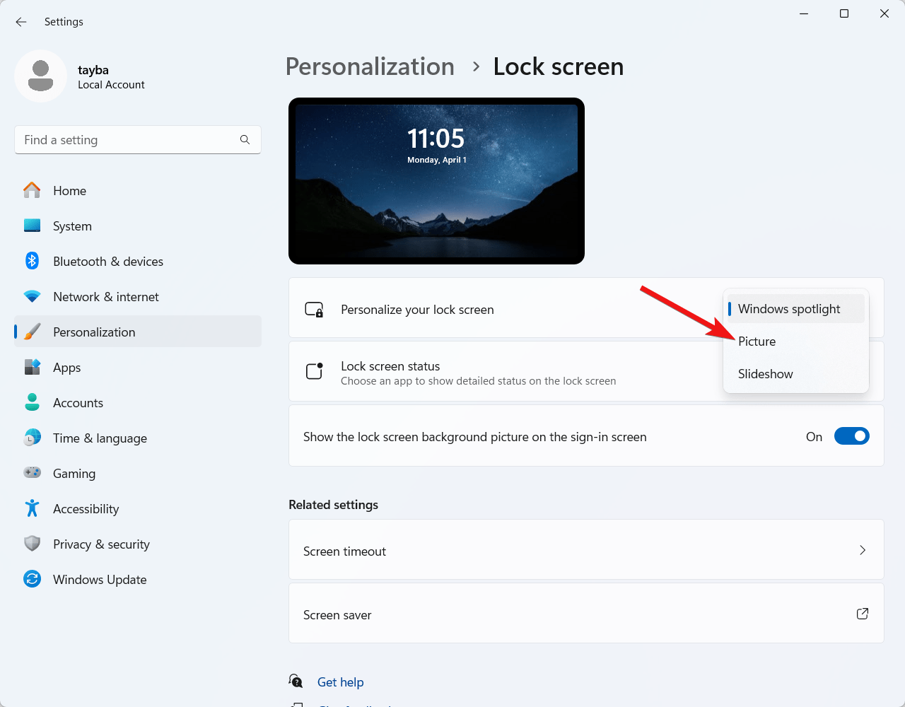Choose Picture in personalize your lock screen