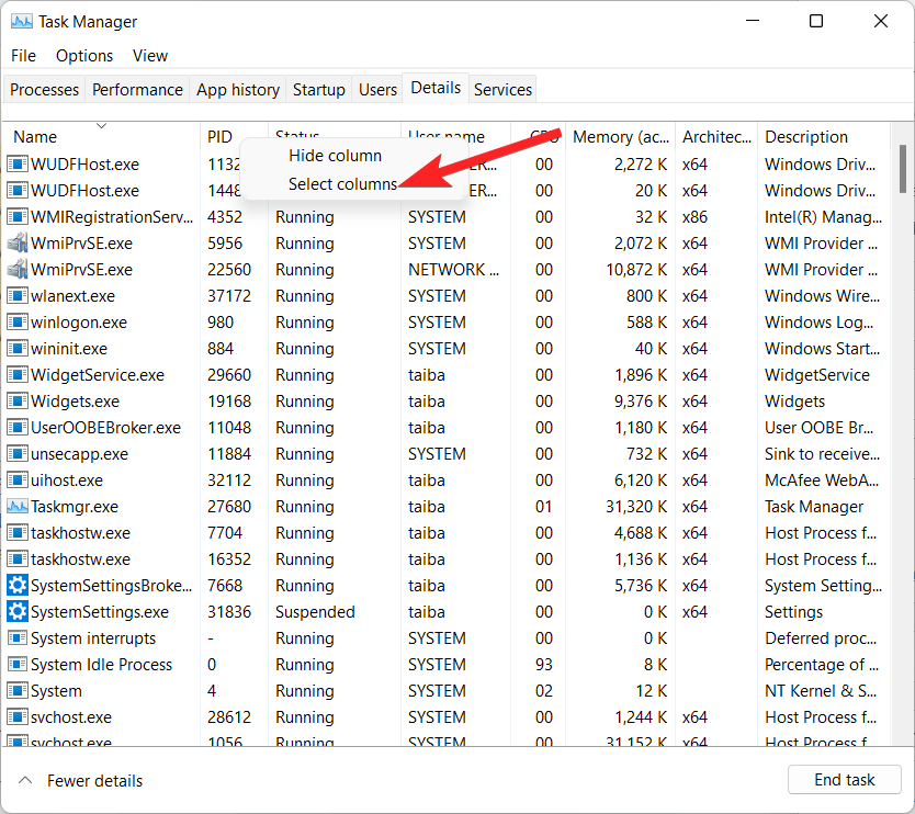 How to Setup and Use Power Throttling in Windows 11? 4 Choose Select Columns option from the context menu