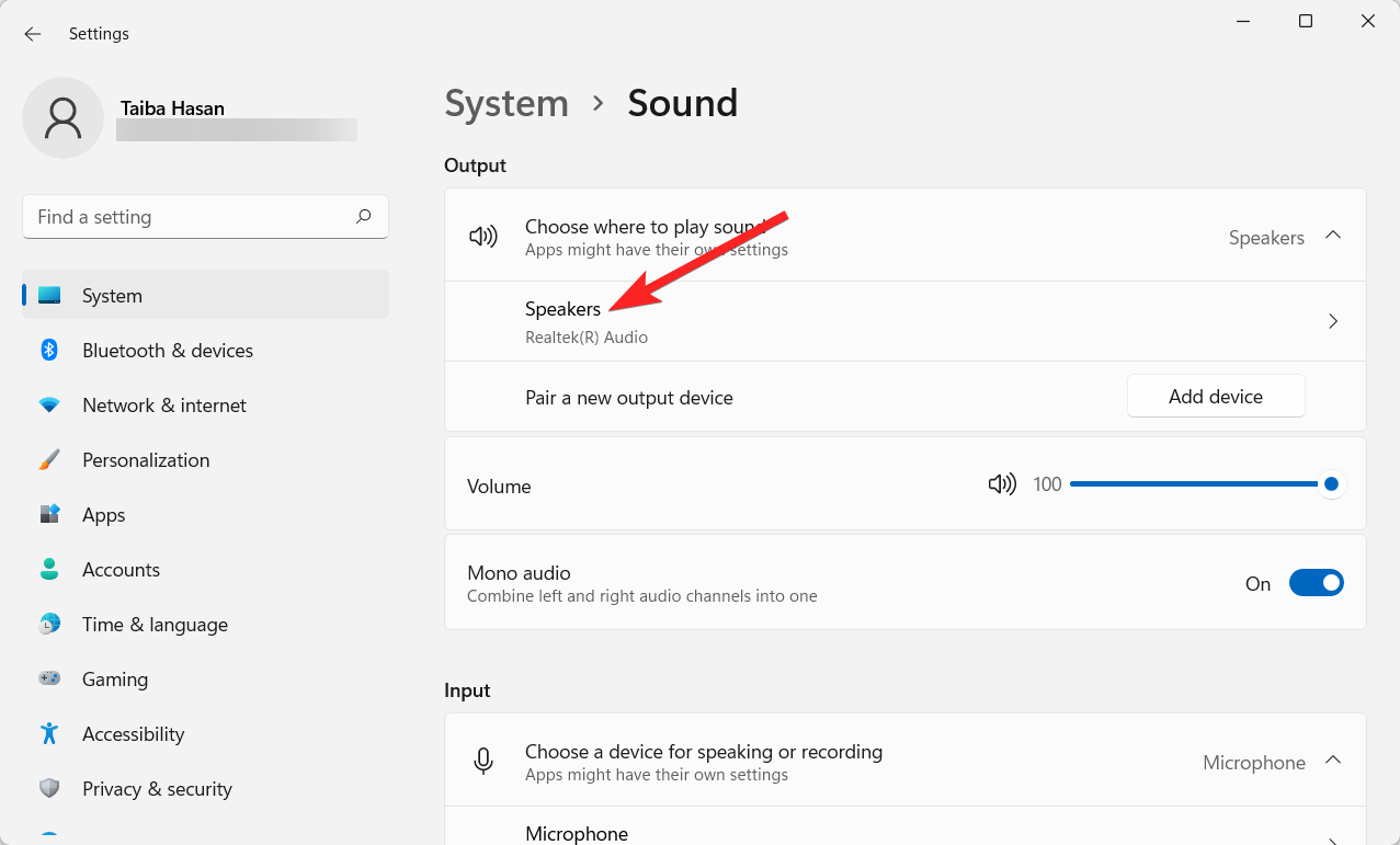 Adjust Audio Balance in Windows 11: Balance Left / Right Sound 3 Choose Speakers from the right section