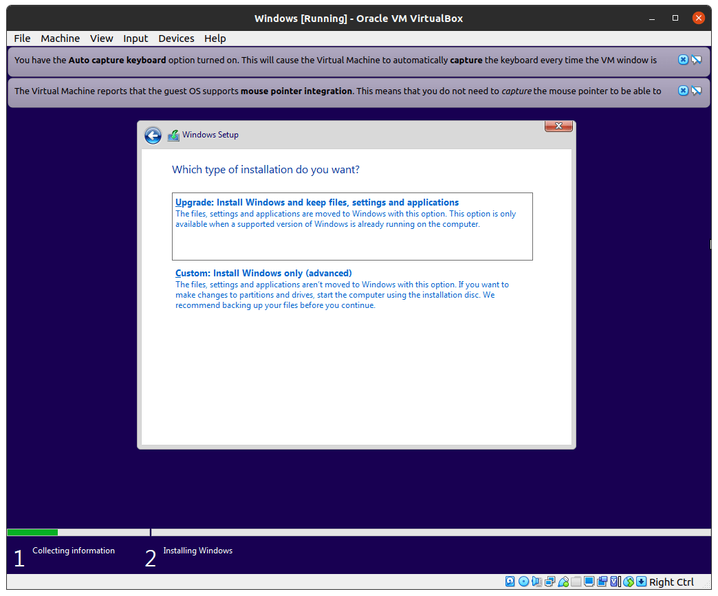 How to Run and Use Windows 10 in Linux PC? 30 Choose “Upgrade” or “Custom”, whatever suits your requirements. I have selected “Custom” to choose the virtual drive manually and it is nothing but force of habit