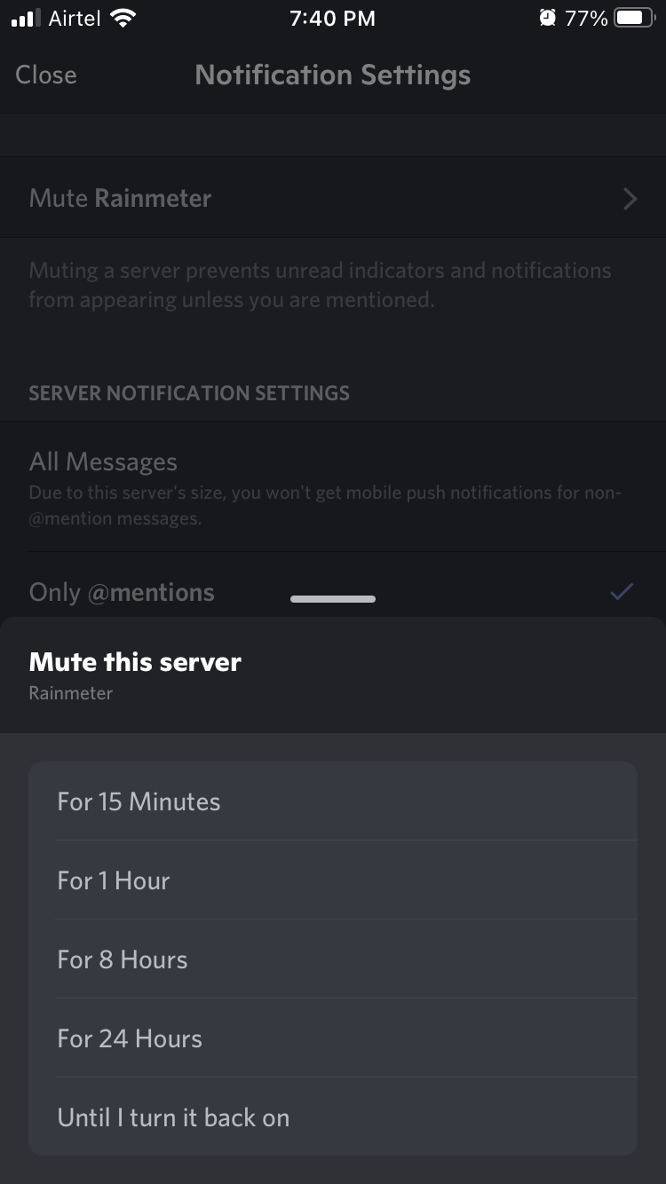 How to Turn OFF Discord Notifications for Android and iOS? 8 Choose your preferred option, and I have selected “Until I turn it back on” because I don’t want to receive any alerts
