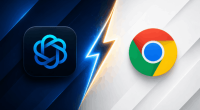 Chrome Vs ChatGPT Atlas Logo with a thunder icon between showing comparision