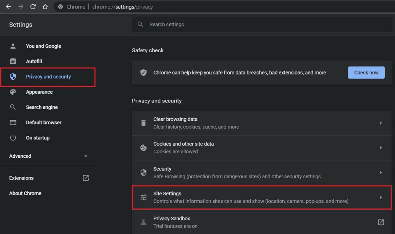 Chrome site settings
