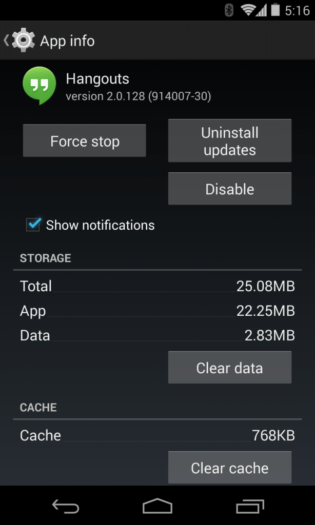Clear data and Cache of Hangouts App Android