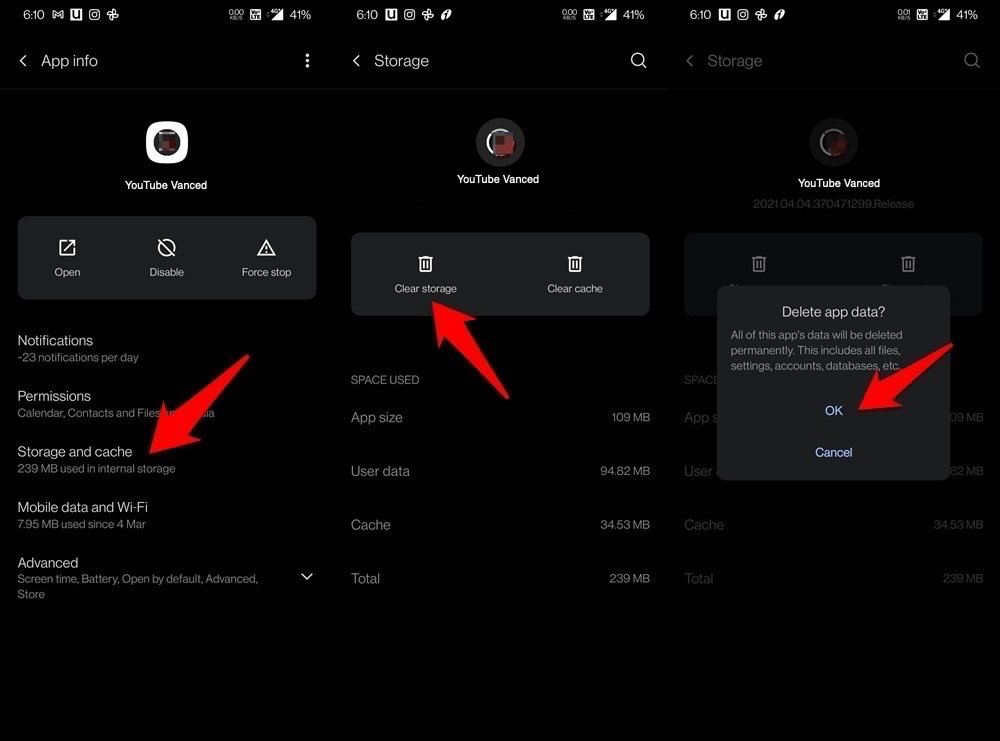 Clear Data and Cache of Vanced YouTube