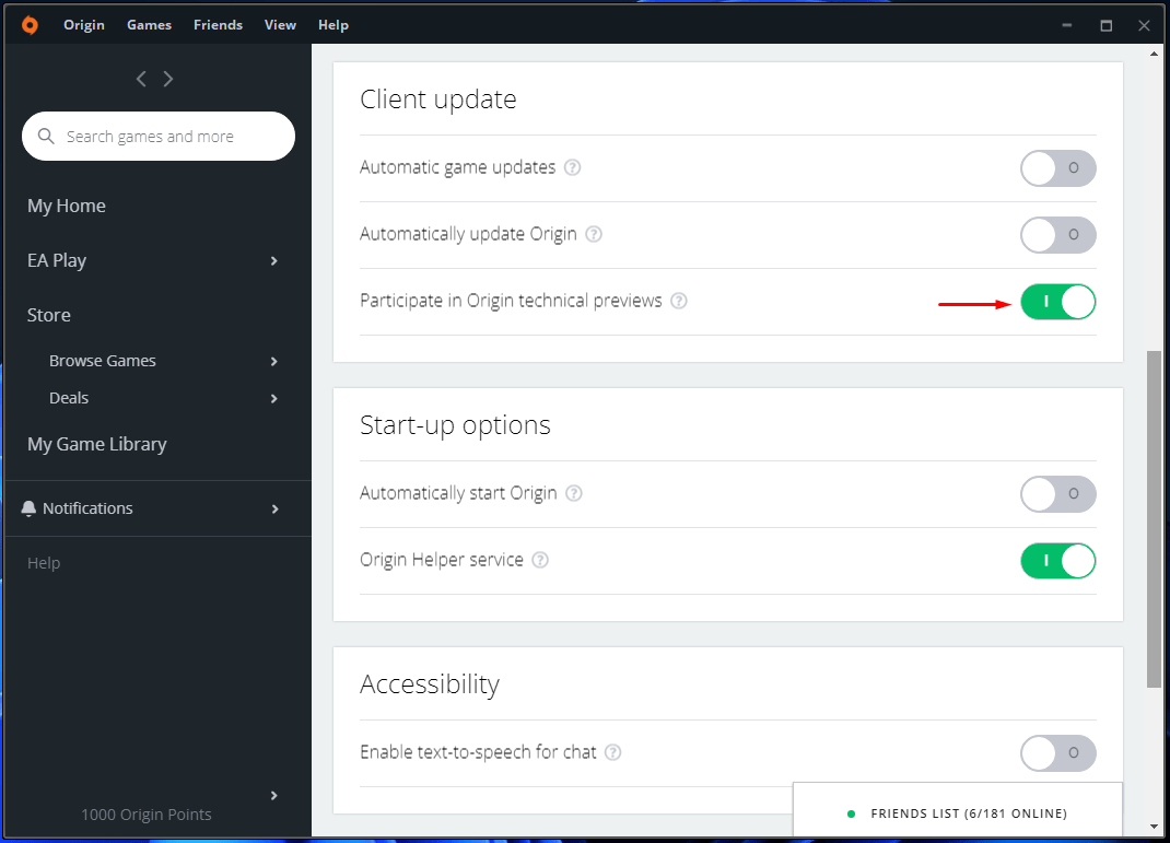Click “Participate in Origin technical previews” to disable it