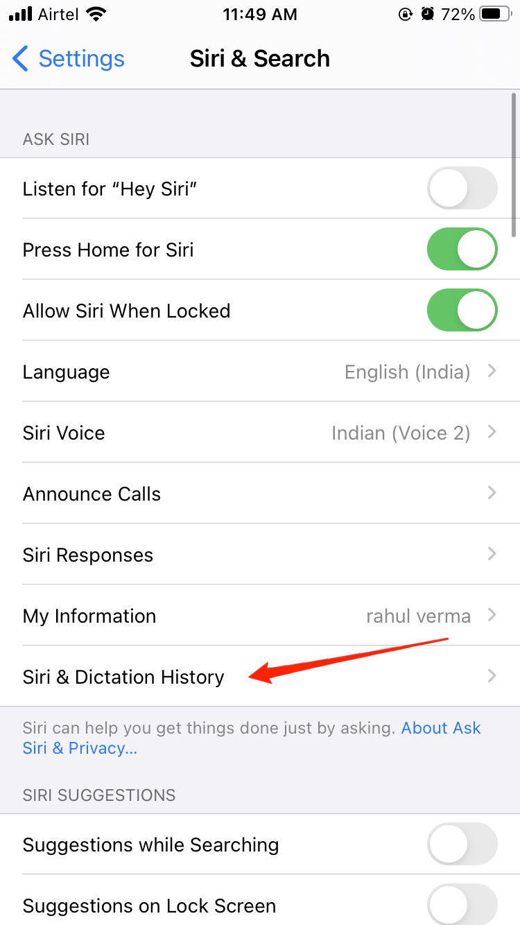 How to Fix Slow Spotlight Search on iPhone? 5 Click on Siri & Dictation History option
