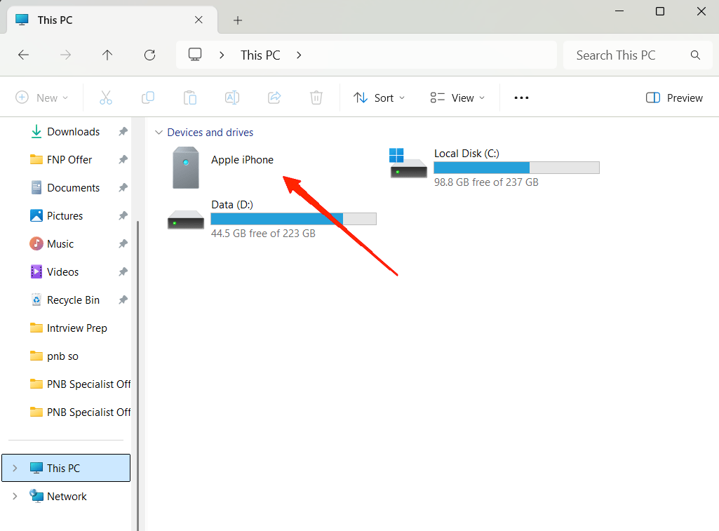 How to Transfer Local iPhone Photos and Videos to Windows PC? 10 Click on This PC and locate your iPhone under Devices and drives.