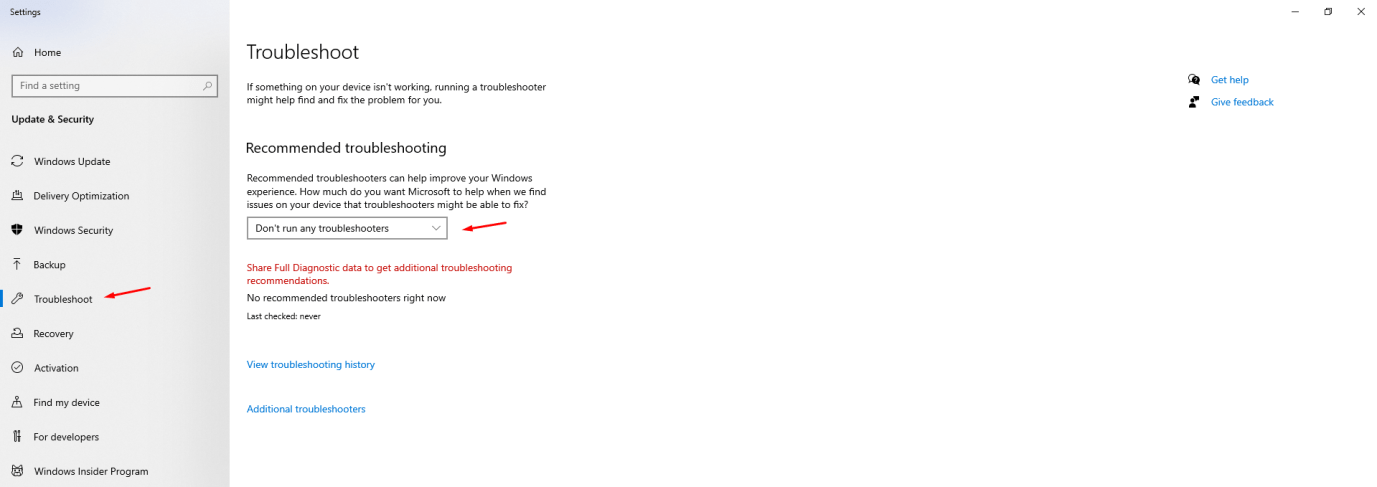 How to Fix 0x80070020 Error in Windows 10 PC? 10 Click on “Troubleshoot” and then click on “Don’t run any troubleshooters”