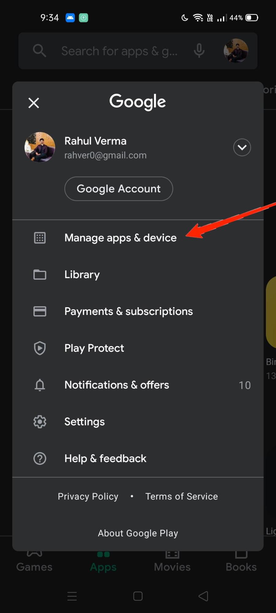 Click on your account at the top right corner. Tap on manage apps & device option