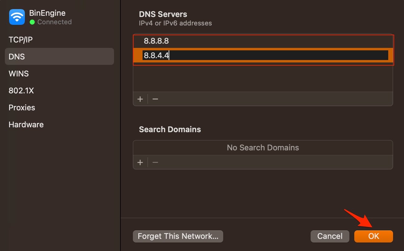 Click OK after entering DNS