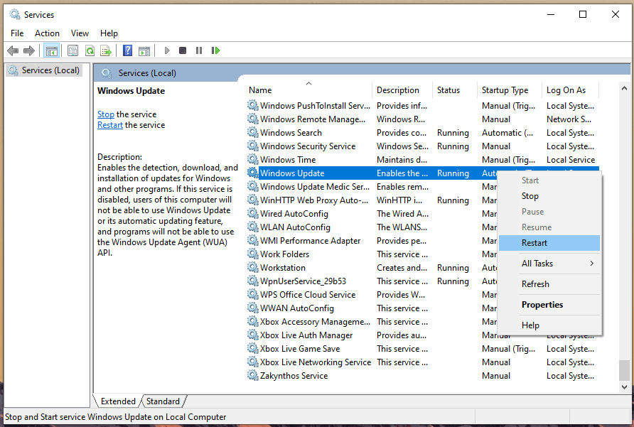 6 Ways to Fix Windows Update Error Code 0x80073712 5 Click “Windows Update” to select it and then right-mouse click to view more options and select “Restart”
