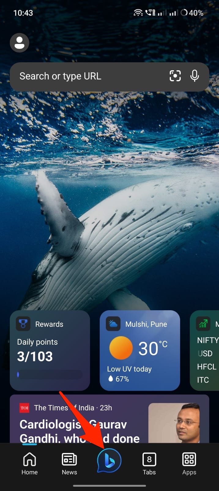Click on Bing Icon in Middle