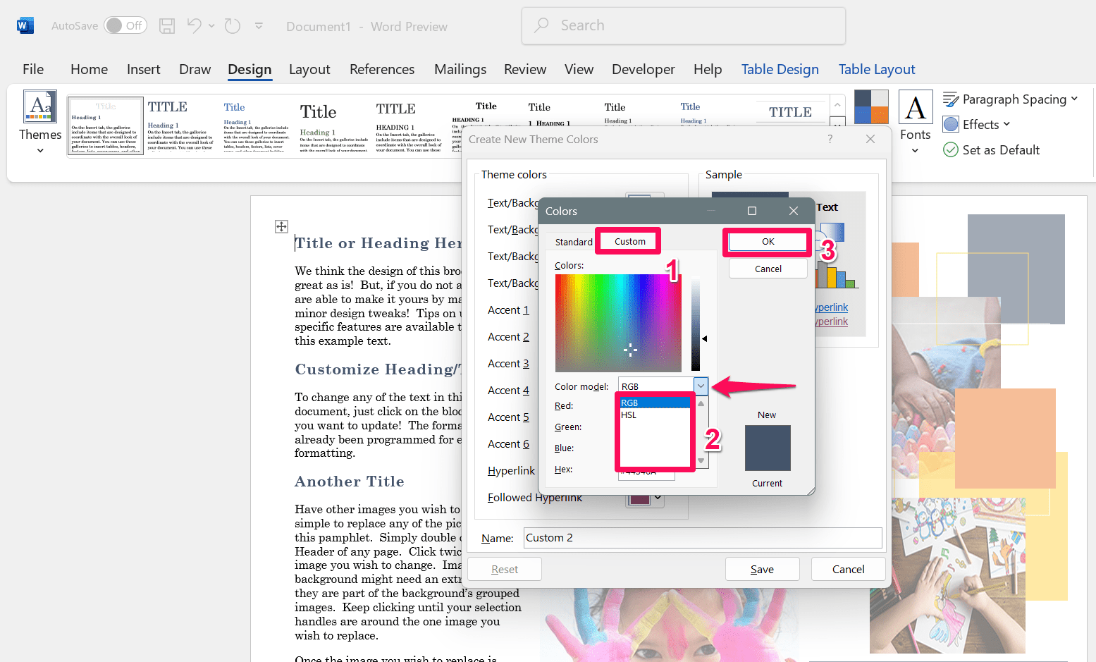 How to Create a Custom Color Set and Theme in MS Word 5 Click on Custom tab and choose the color