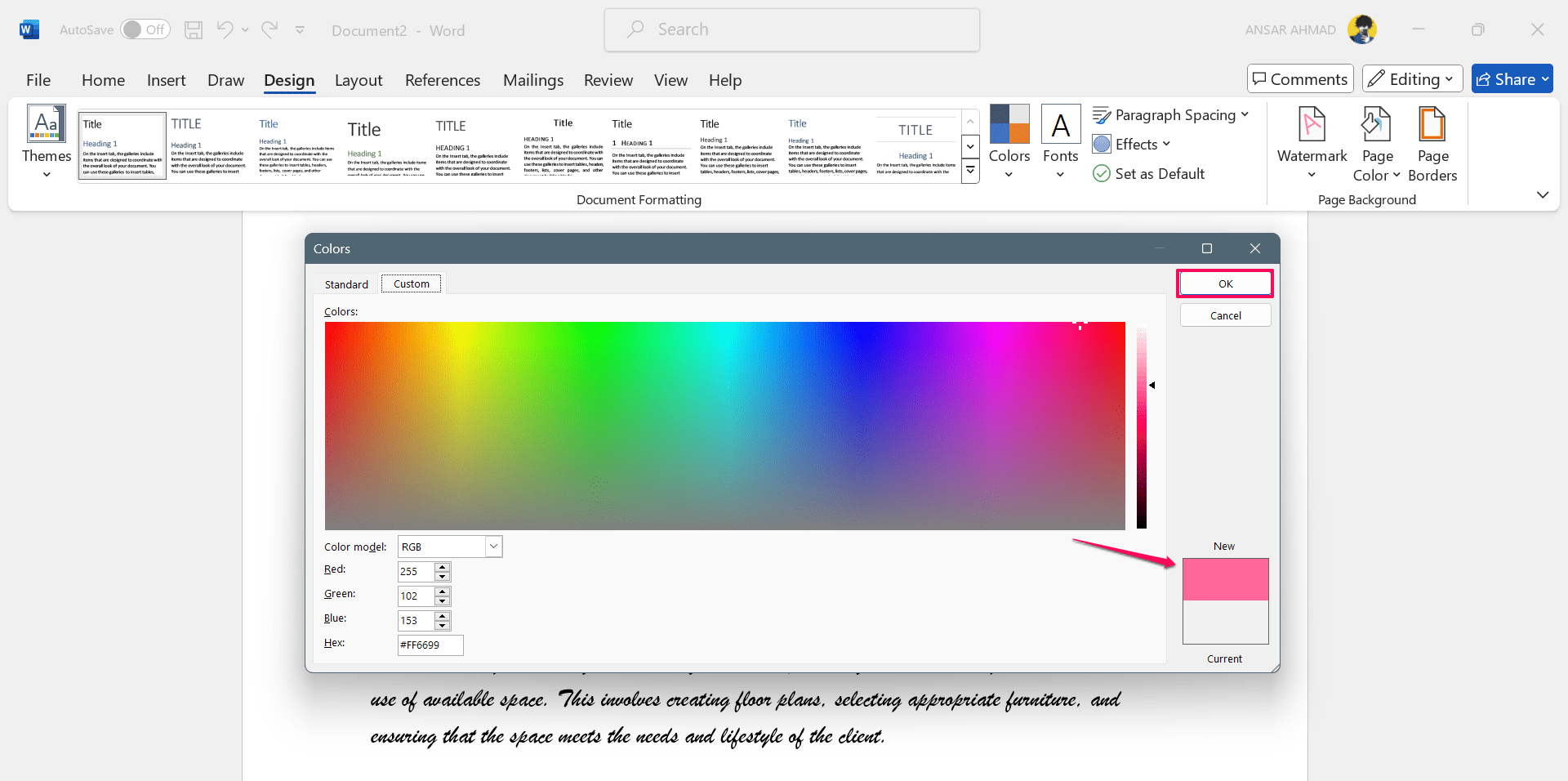 How to Add a Background in Microsoft Word 6 Click on the custom tab to add the color