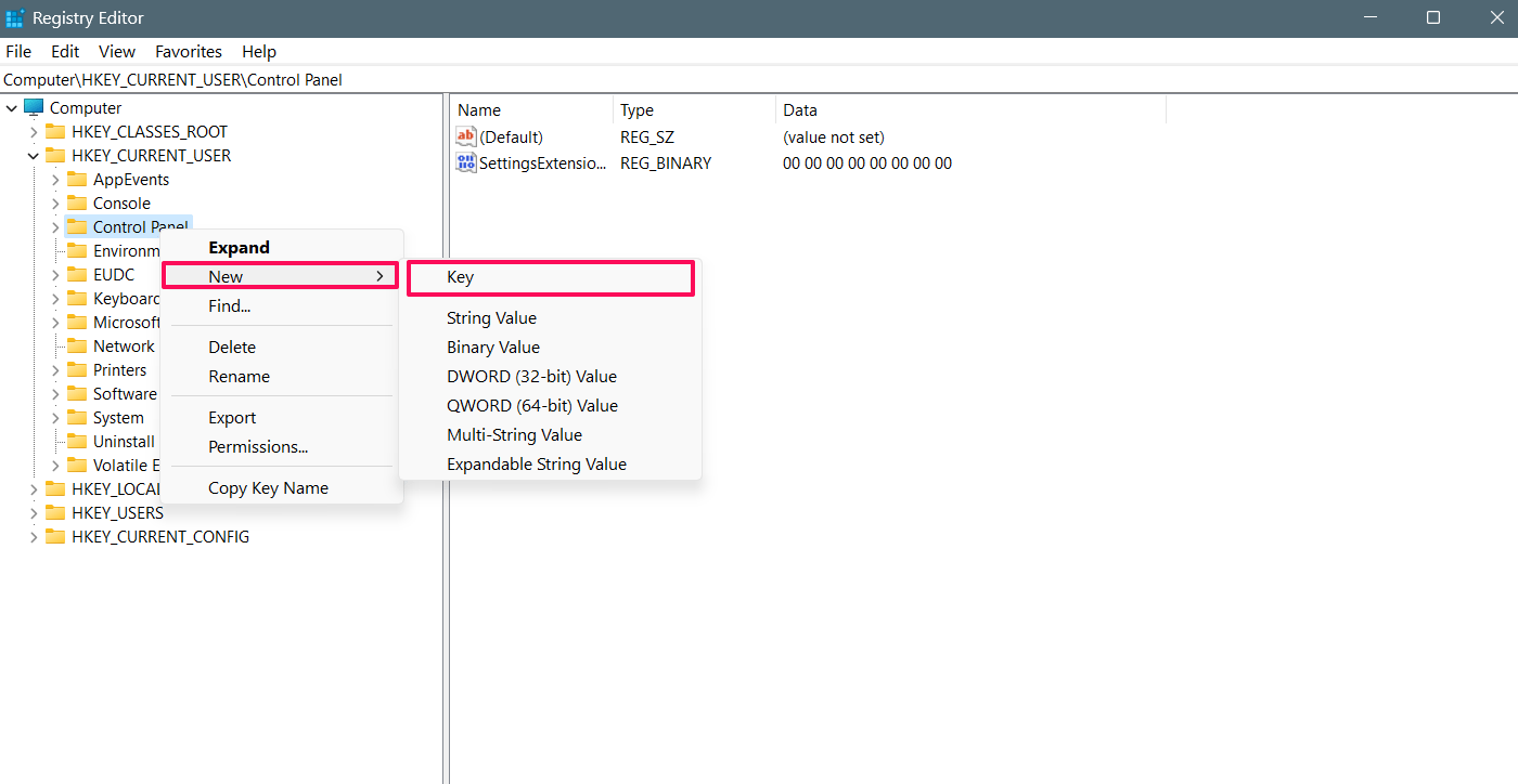Right-click on the control Panel and select New 