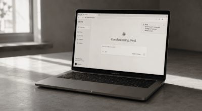 Cozy minimalist workspace with MacBook Pro - This conversation is too long Claude