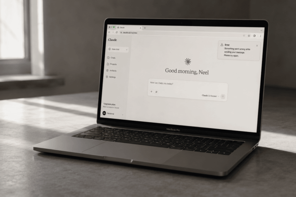 Cozy minimalist workspace with MacBook Pro - This conversation is too long Claude