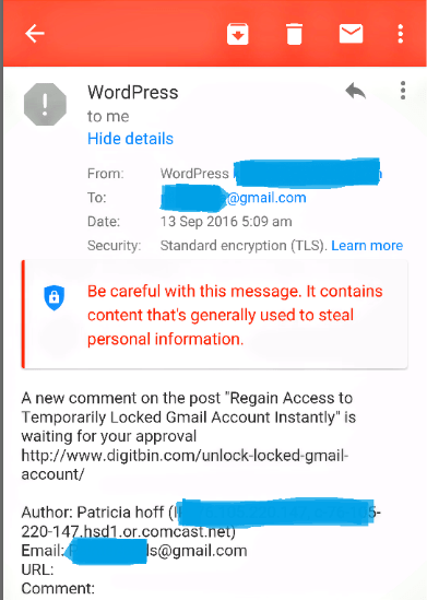 Gmail Warning - 'Be Careful with this Message. Content Steal Personal Information. 2 Message Steal Personal Information