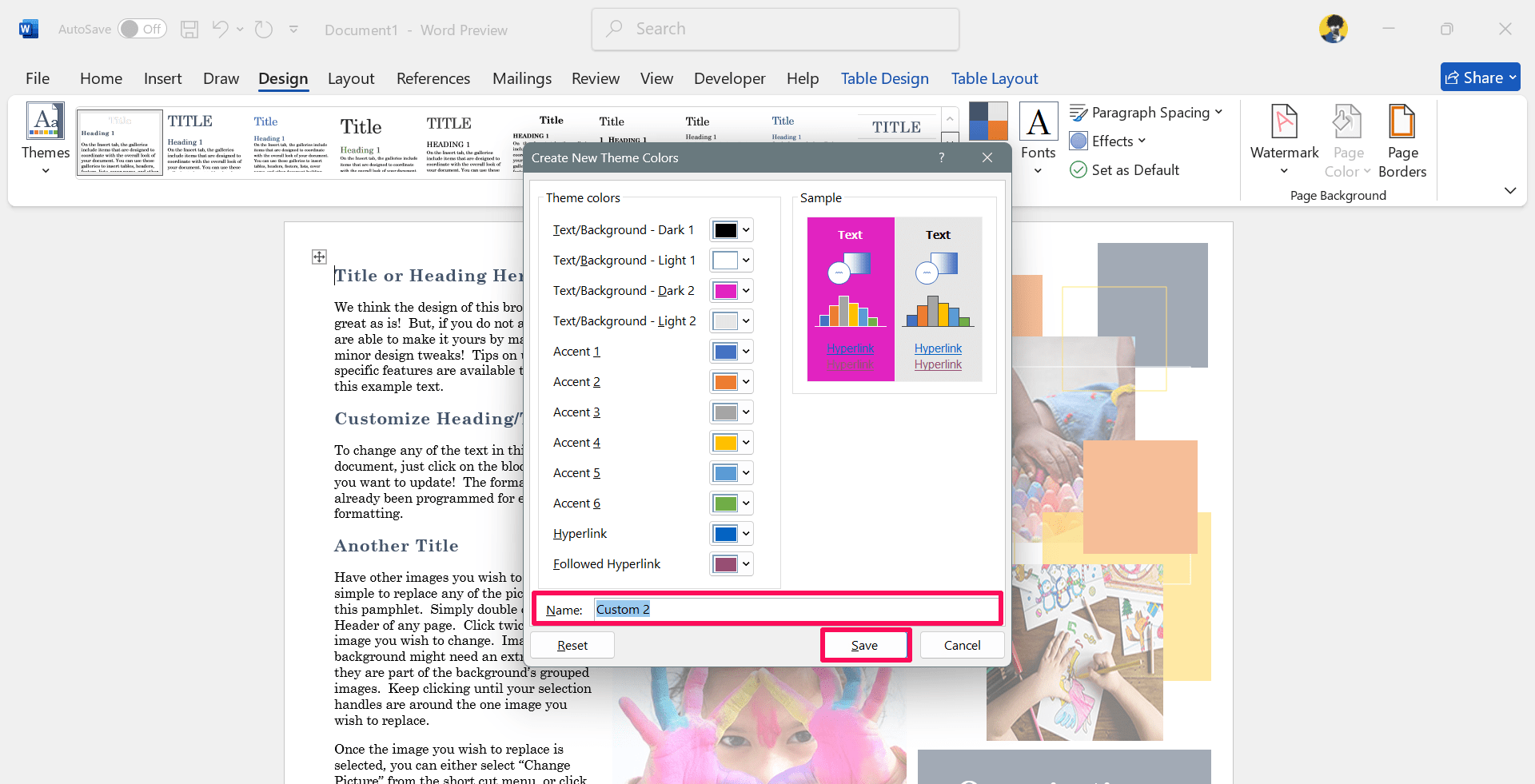 How to Create a Custom Color Set and Theme in MS Word 6 Enter the color name and click on Save button