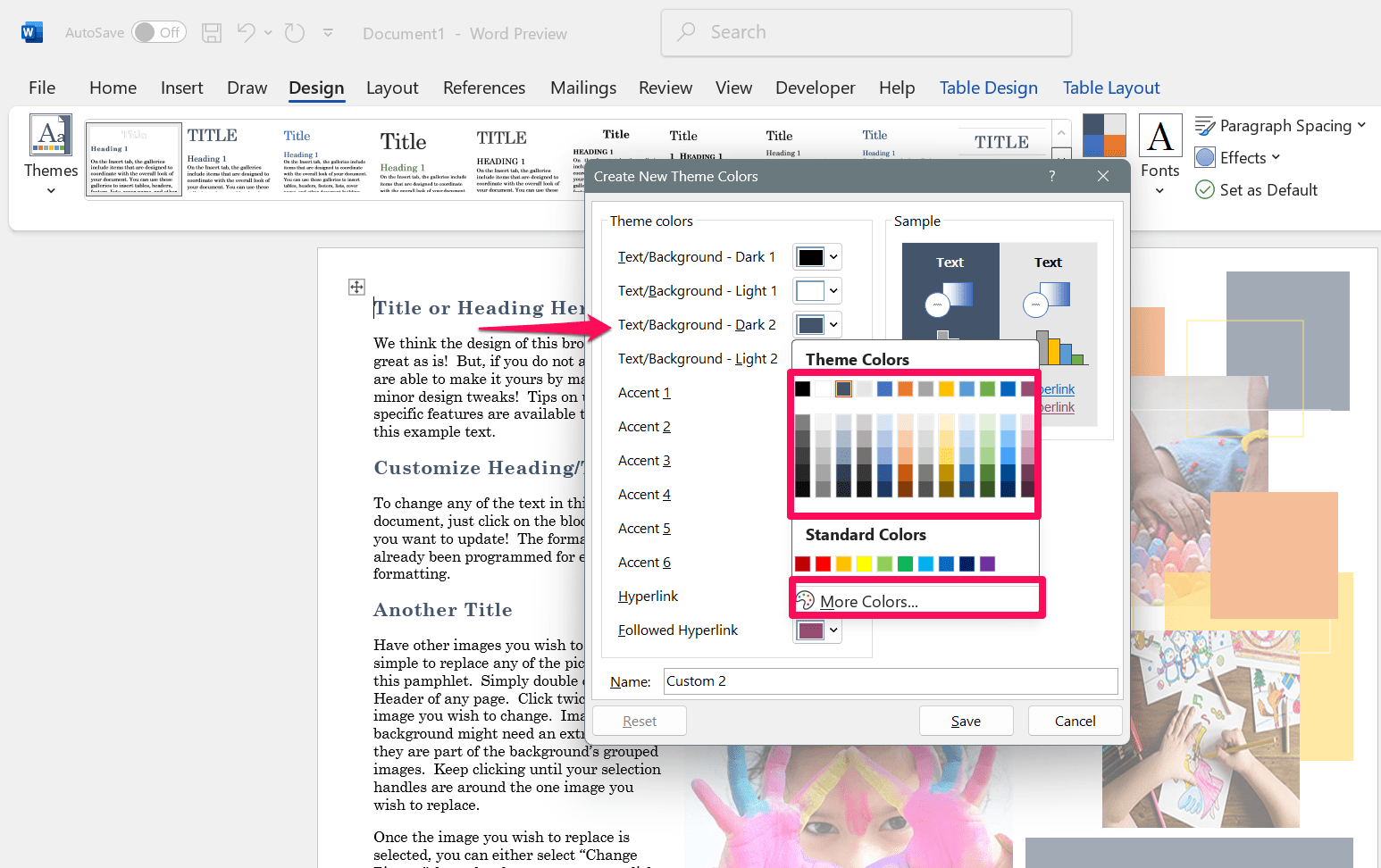 How to Create a Custom Color Set and Theme in MS Word 4 Choose the default or standard color