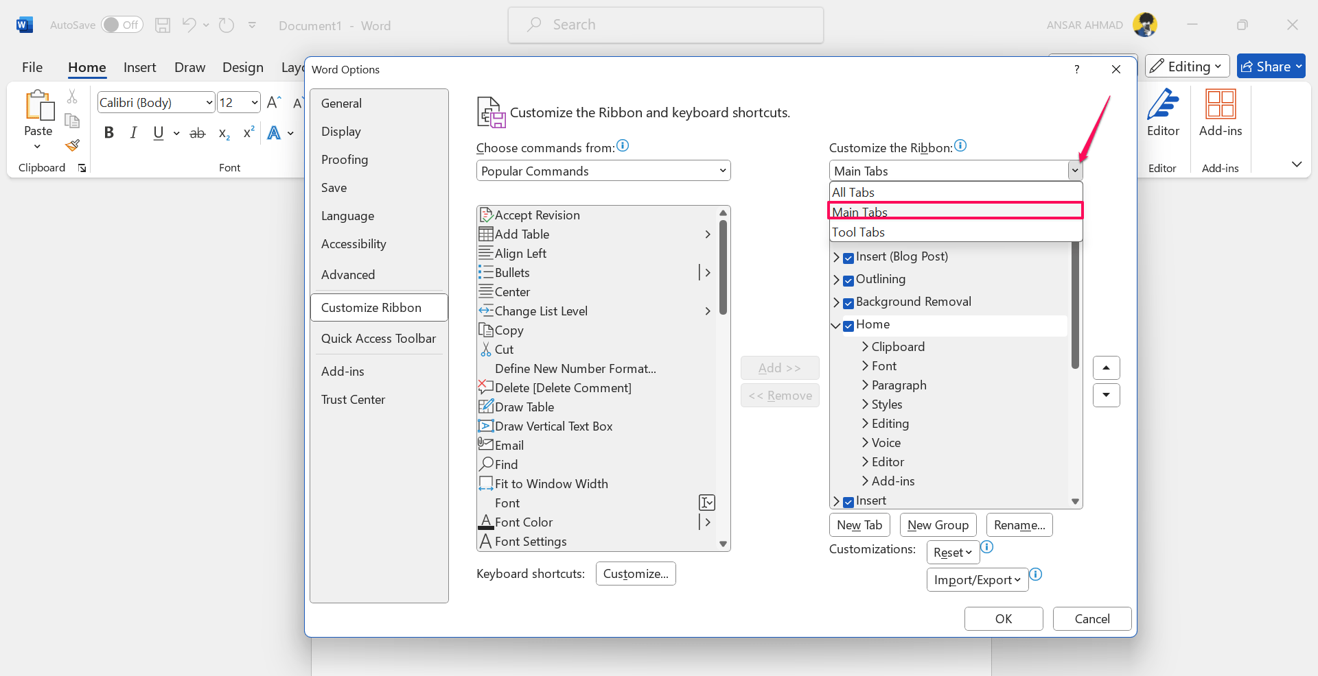 How to Add Checkboxes to Word Document 4 Choose Main Tabs from customize ribbon menu