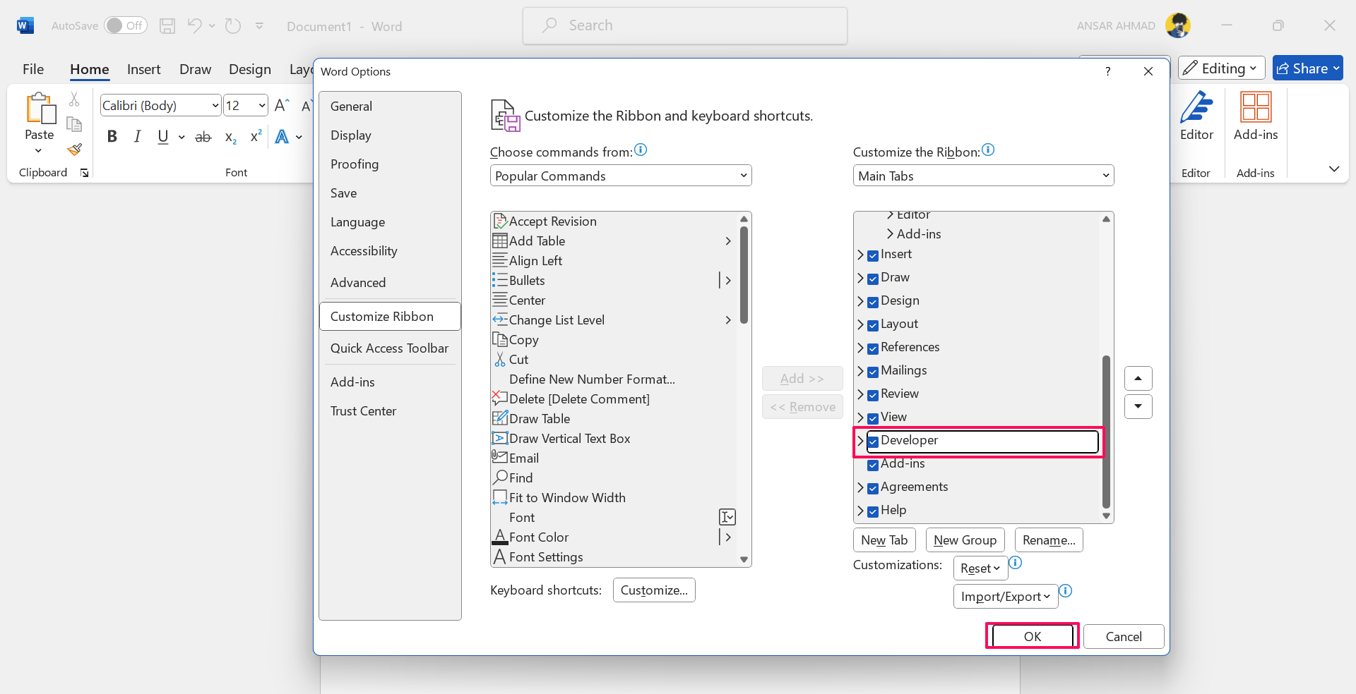 How to Add Checkboxes to Word Document 5 Check marks the Developer and click OK