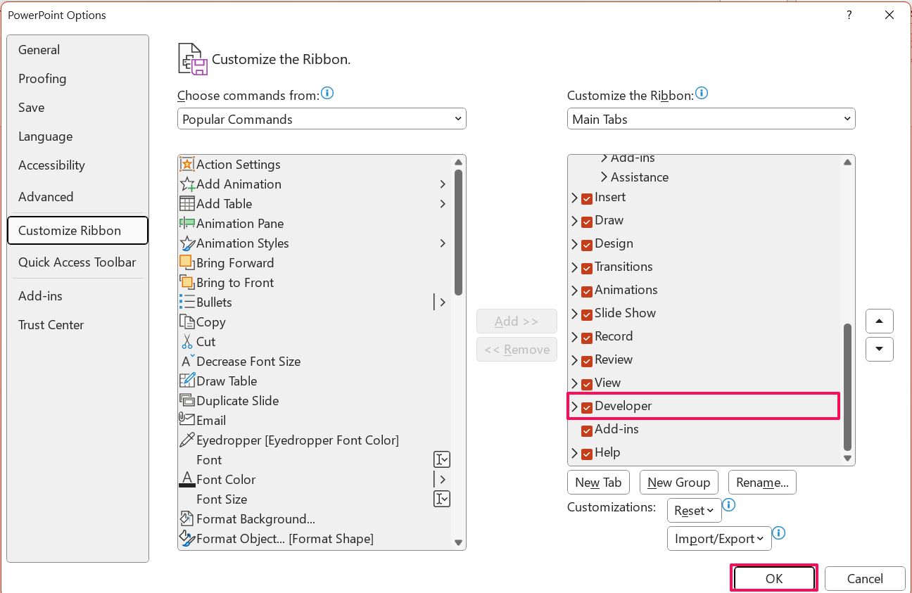 How to Fix 'An Error Occurred while PowerPoint was Saving the File' 13 Check mark the Developer and click OK