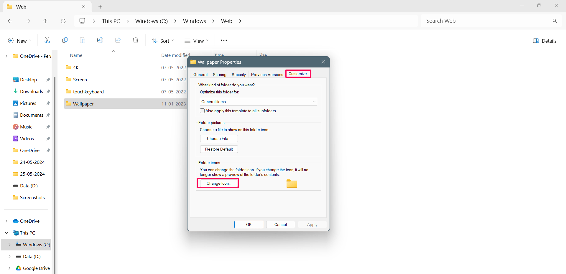 How to Customize Icons on Windows 11 14 Click the Customize tab and choose Change Icon