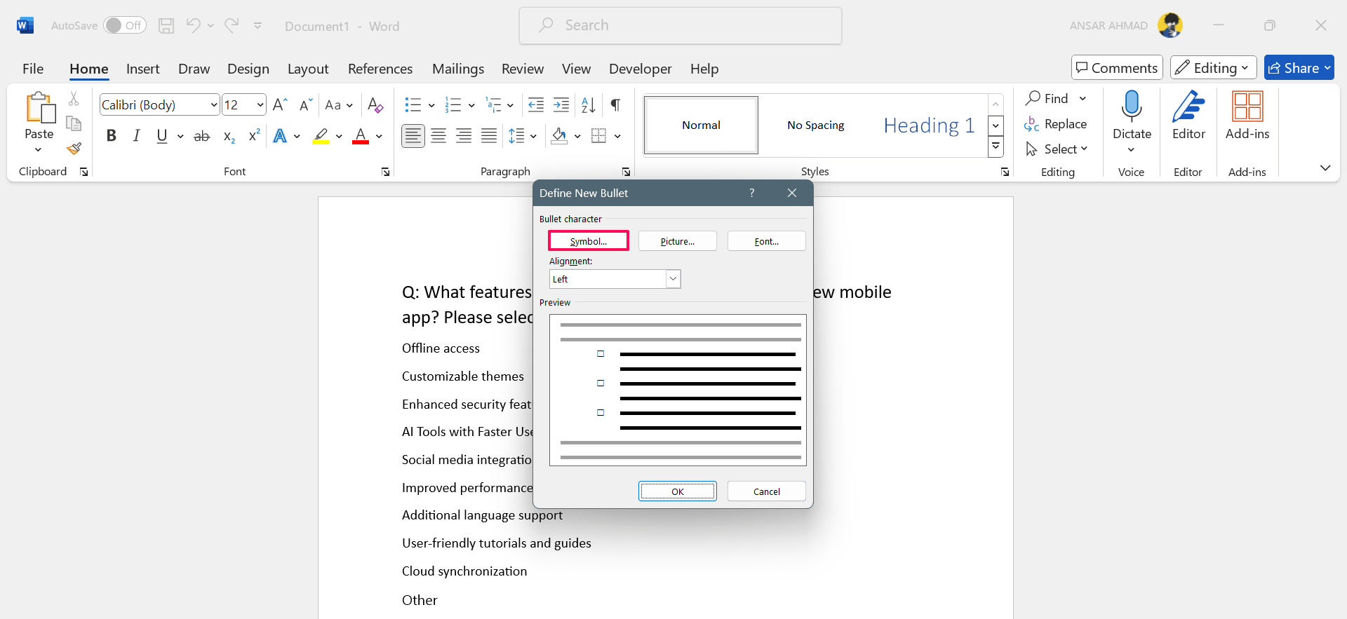 How to Add Checkboxes to Word Document 9 Click on Symbol in the Define New Bullets window