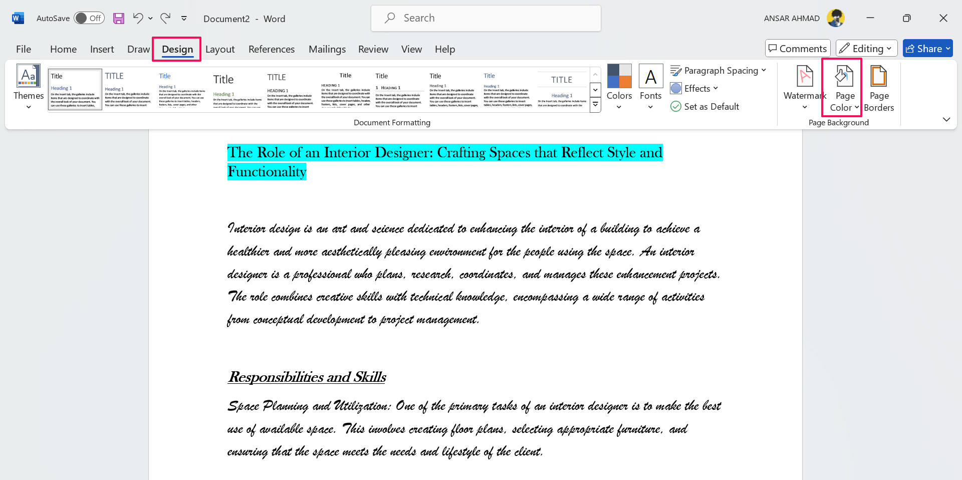 How to Add a Background in Microsoft Word 2 Click on Design and choose Page Color
