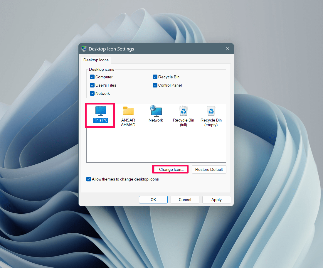 Select icon and click on change icon