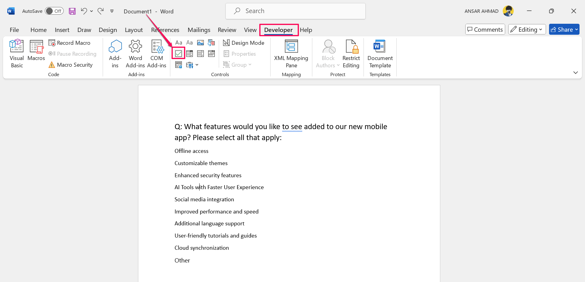 How to Add Checkboxes to Word Document 6 Click on the Checkbox icon to add checkboxes