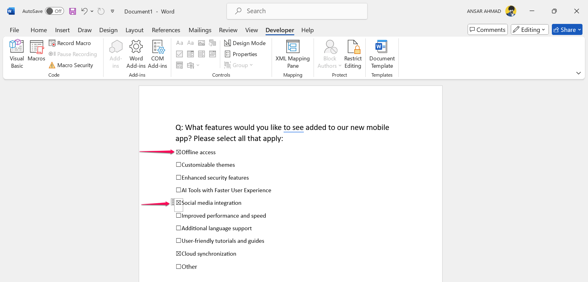 How to Add Checkboxes to Word Document 7 Added checkboxes in word document using Developer tab