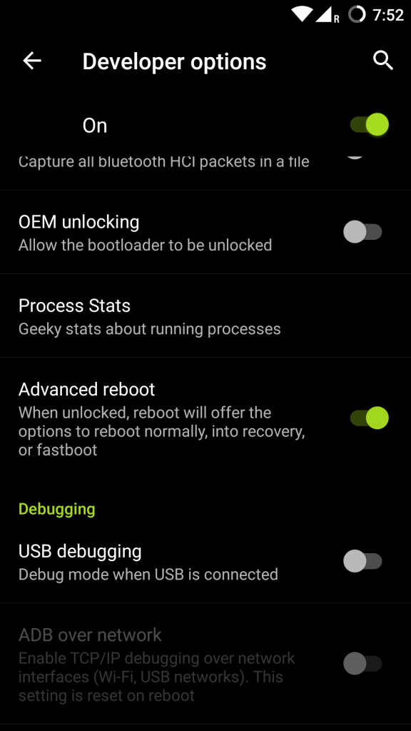 Developers option for advanced reboot