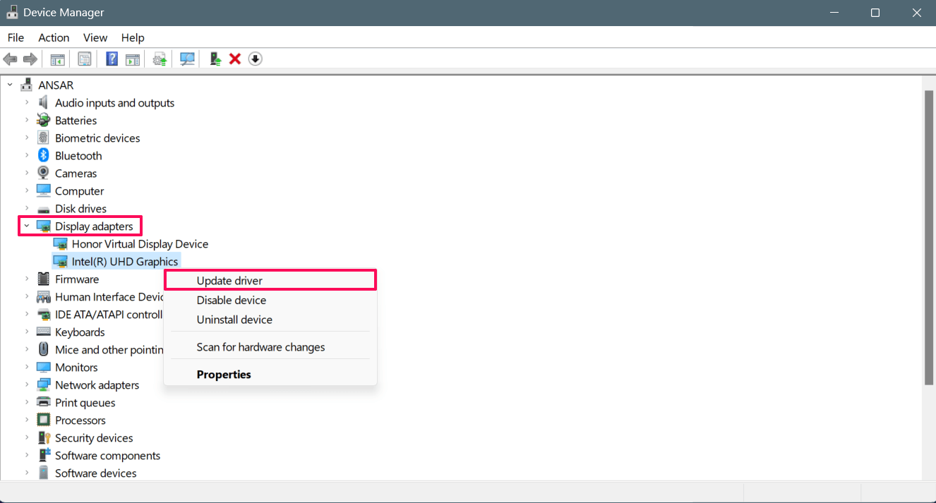 Right-click on the graphic card drive and select Update driver