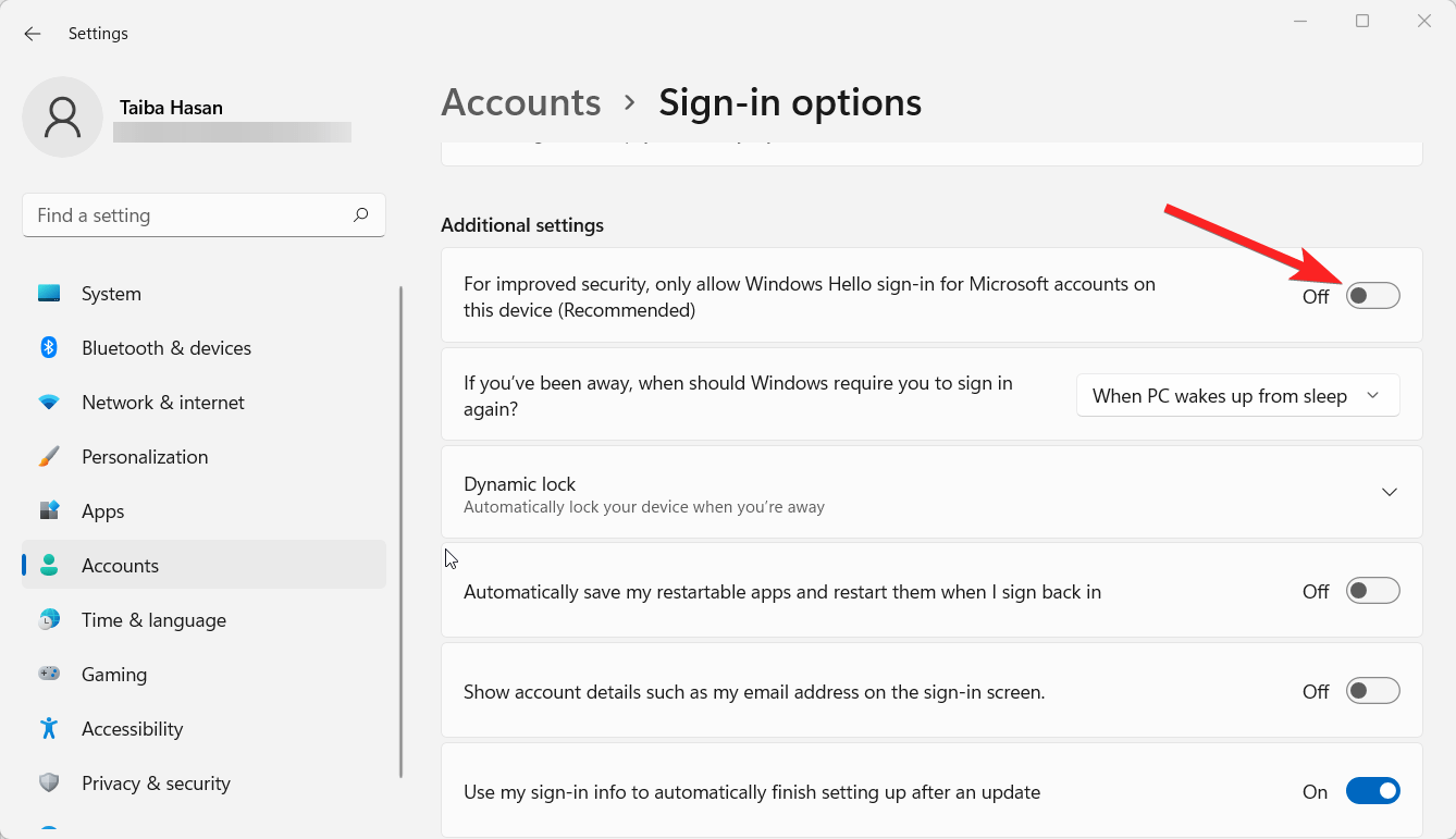 Disable for improved security only allow Windows Hello sign in for Microsoft accounts on this device