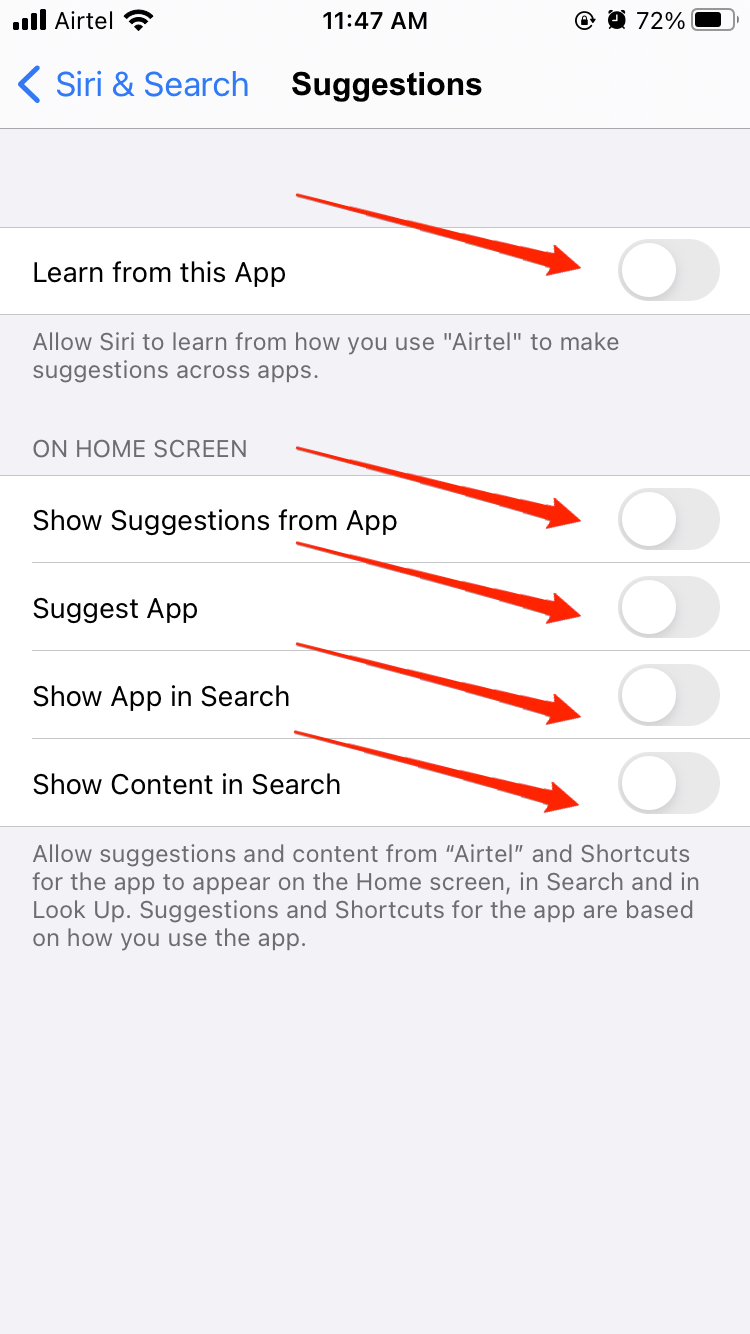 How to Fix Slow Spotlight Search on iPhone? 9 Disable the Allow Notifications, Show in App Library, Show when sharing, and Show when Listening options or any options available