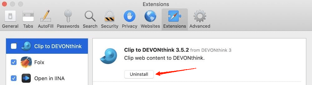 Look for any suspicious extensions. If you find any, select the extension and click on the Uninstall option.
